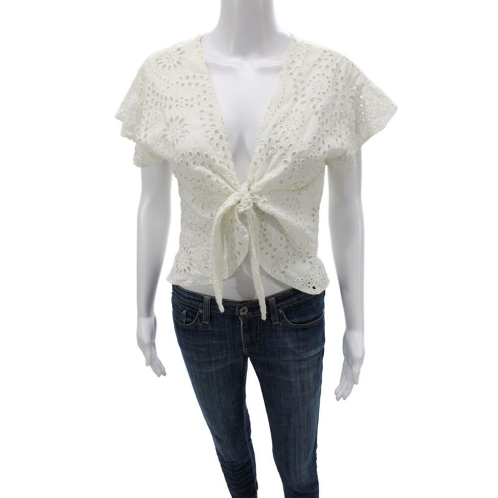 Tularosa Women Cropped White Cotton V Neck Tie Short Sleeve Boho Blouse Size M